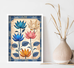 Blue Vintage lotus digital art print
