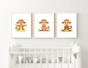 Three cute monkey digital art print for kids room decor