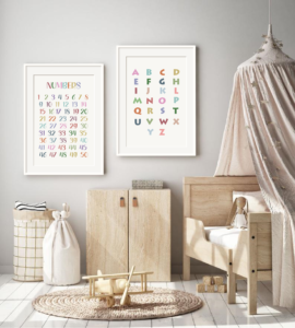 Alphabet and numbers digital art print for kids room decor set of two
