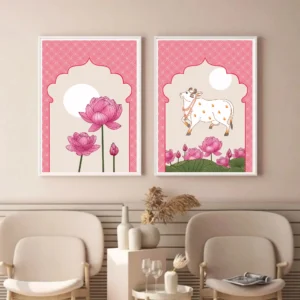 Cow and Pink Lotus art print